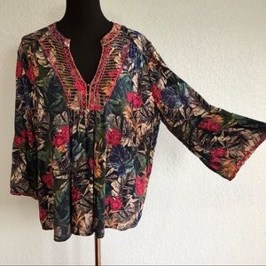 Johnny Was Tropical Floral Top with Bell Sleeves Size L